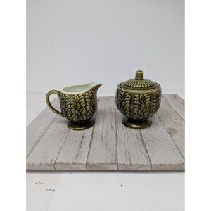 Vintage Set 4 Napcoware Creamer Sugar Dish Japan Olive Moss Green Leaves C7920